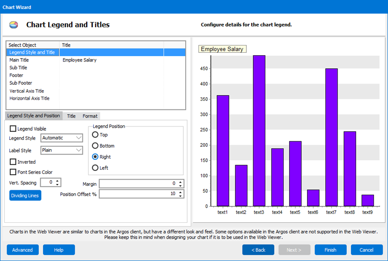 Chart Legend and titles screen. The objects listbox is in the top left corner of the screen.  Legend style and title is selected. In the bottom left are the options for the selected object. There are three tabs: legend style and position, title, and format. The legend style and position tab is active.